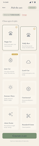 Cut selection menu showing 8 grooming styles