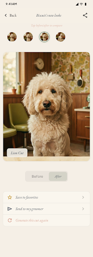 PupCut AI gallery showing Lion Cut on a goldendoodle named Biscuit, with before/after toggle and save-to-favorites controls