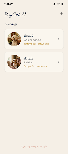 Home screen with two dog profiles, Biscuit and Mochi