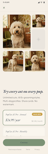 PupCut AI Pro paywall showing pricing and feature list