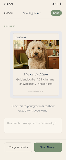 Send-to-groomer share card showing Lion Cut for Biscuit