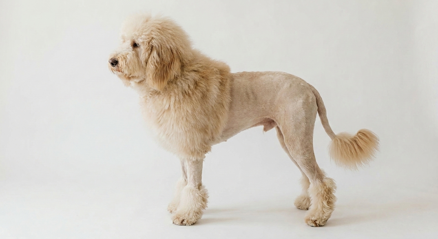 Goldendoodle wearing the Lion Cut style — full mane, shaved body